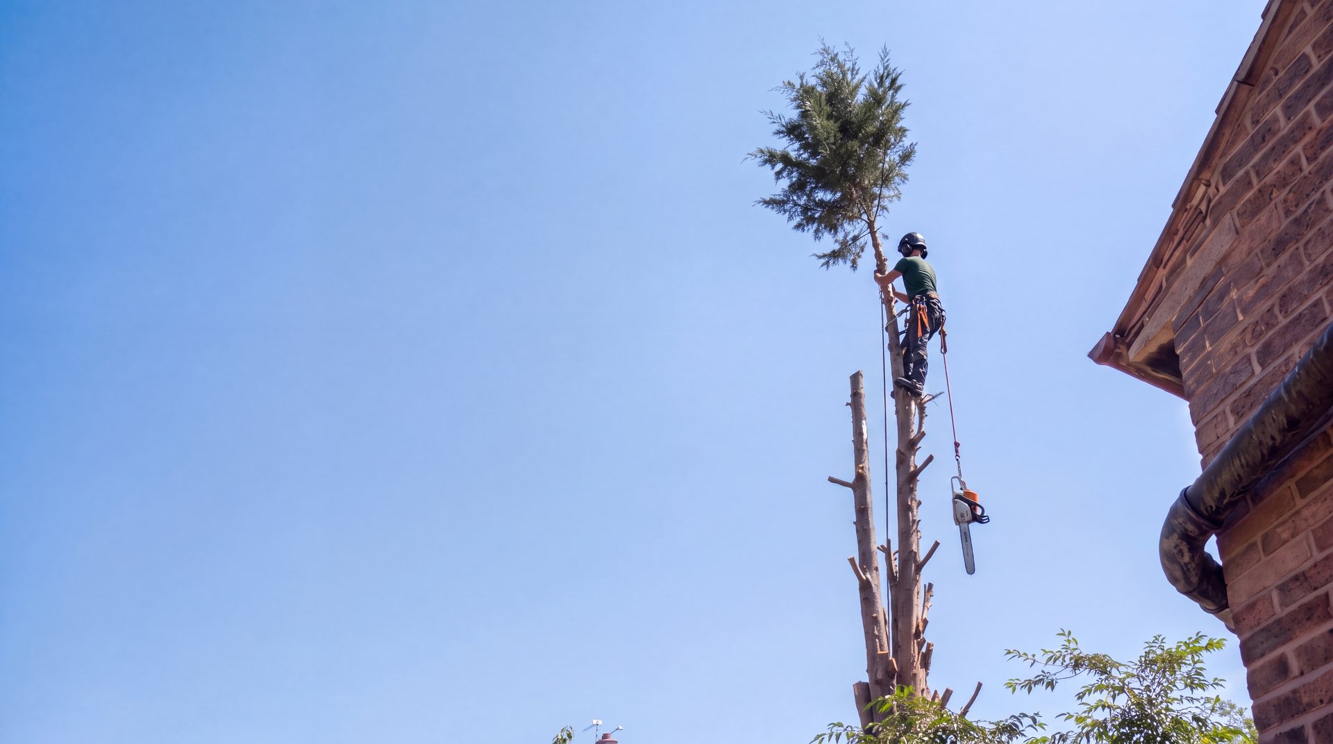 A tree surgeon at the top of a tall topped conifer