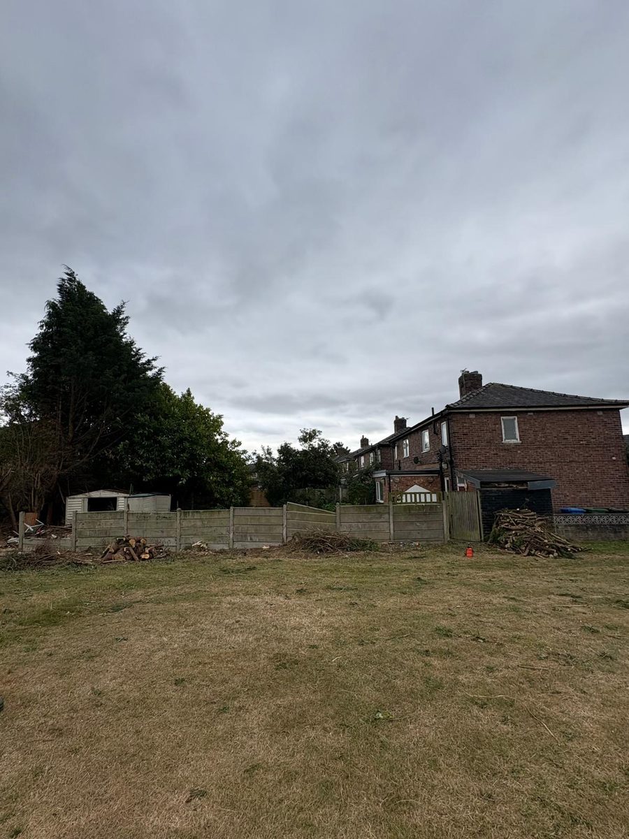A cleared lawn up to a fence, logs and cut branches stacked, houses behind